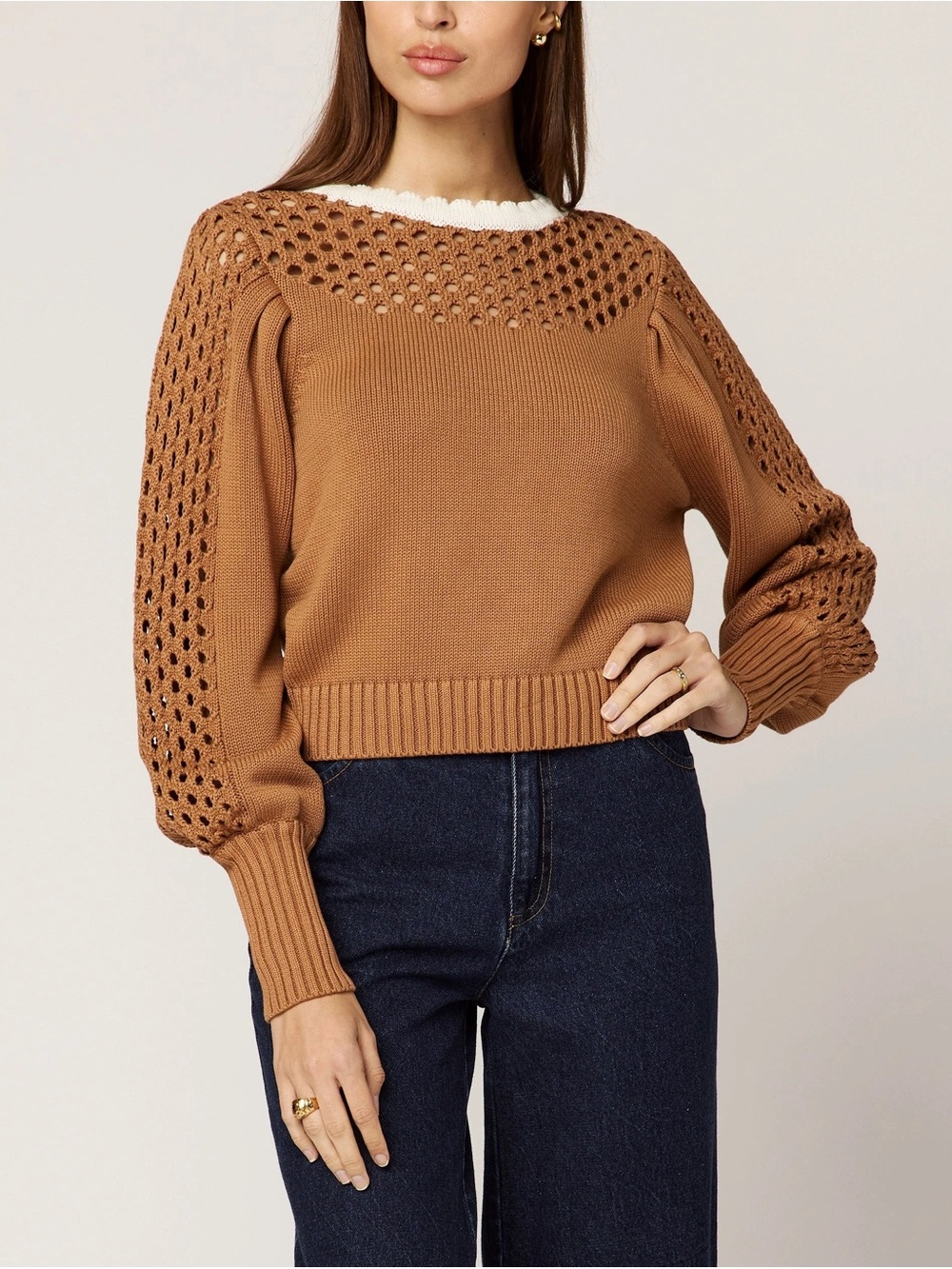Cleobella NWT-sz M-Caramel Brown Crochet-Yoke Balloon Sleeve Sweater